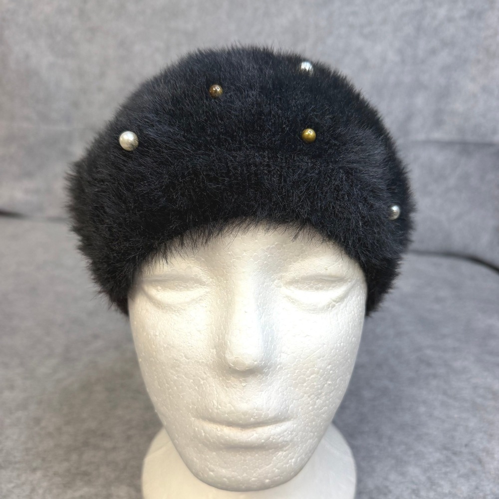 Bebe Womens Black Fuzzy Eyelash Knit Beret Hat Faux Pearl Gold Stud Embellished